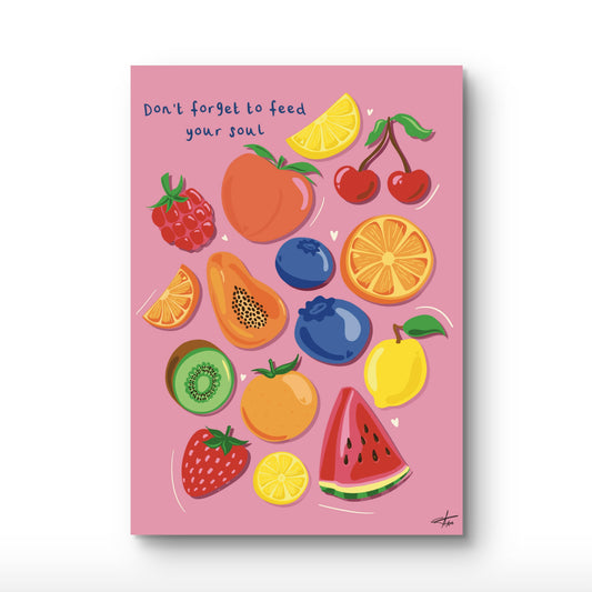 Fruit Art Print, Kitchen Wall Art, Feed Your Soul Quote, Colourful Food Poster, Summer Fruit Illustration, Pink and Green Wall Art, Healthy Living Gift, Fruitcore Aesthetic, Sustainable Art Print, Modern Maximalist Decor.