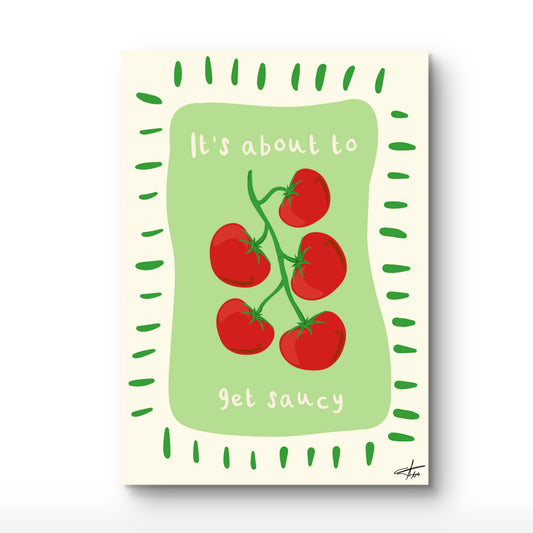 Tomato Art Print, Funny Kitchen Decor, Get Saucy Poster, Foodie Wall Art, Botanical Tomato Vine, Retro Kitchen Poster, Italian Food Art, Red and Green Decor, Sustainable Art Print, Quirky Gift for Cook.