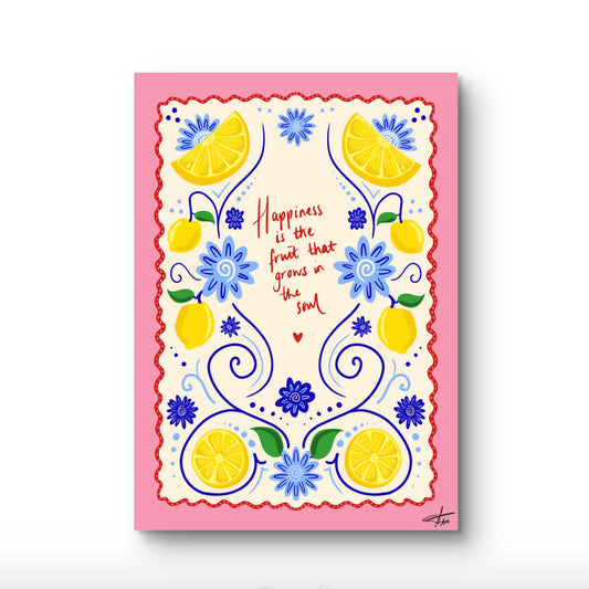 William Morris Style, Botanical Art Print, Arts and Crafts Movement, Lemon Wall Decor, Happiness Quote Poster, Vintage Floral Pattern, Blue and Yellow Wall Art, Maximalist Kitchen Art, Sustainable Home Decor, Heritage Inspired Print.