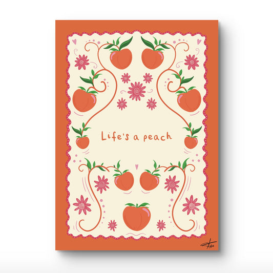 Decorative card with peach illustrations and 'Life's a peach' text on an orange border.