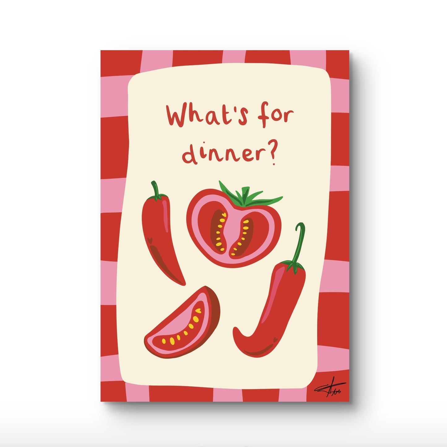 What's for Dinner Print, Tomato and Chili Art, Funny Kitchen Poster, Gingham Wall Art, Red and Pink Kitchen Decor, Foodie Gift Idea, Hand Illustrated Food Art, Modern Farmhouse Kitchen, Dopamine Decor Art.