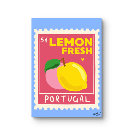 Lemon Art Print, Citrus Wall Decor, Postage Stamp Art, Kitchen Gallery Wall, Blue and Yellow Art, Fruit Illustration, Mediterranean Decor, Fresh Lemon Poster, Sustainable Art Print, Dopamine Decor, Retro Stamp Art.