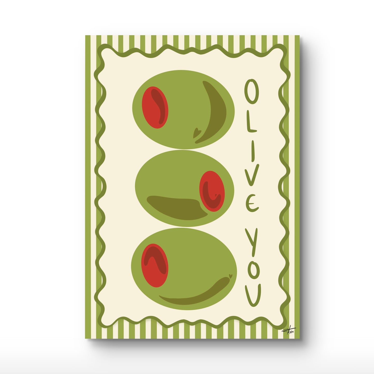 Olive Art Print, Funny Kitchen Wall Art, Martini Lover Gift, Punny Art Poster, Olive You Print, Retro Kitchen Decor, Bar Cart Art, Mediterranean Wall Art, Green and Cream Decor, Striped Wall Art.