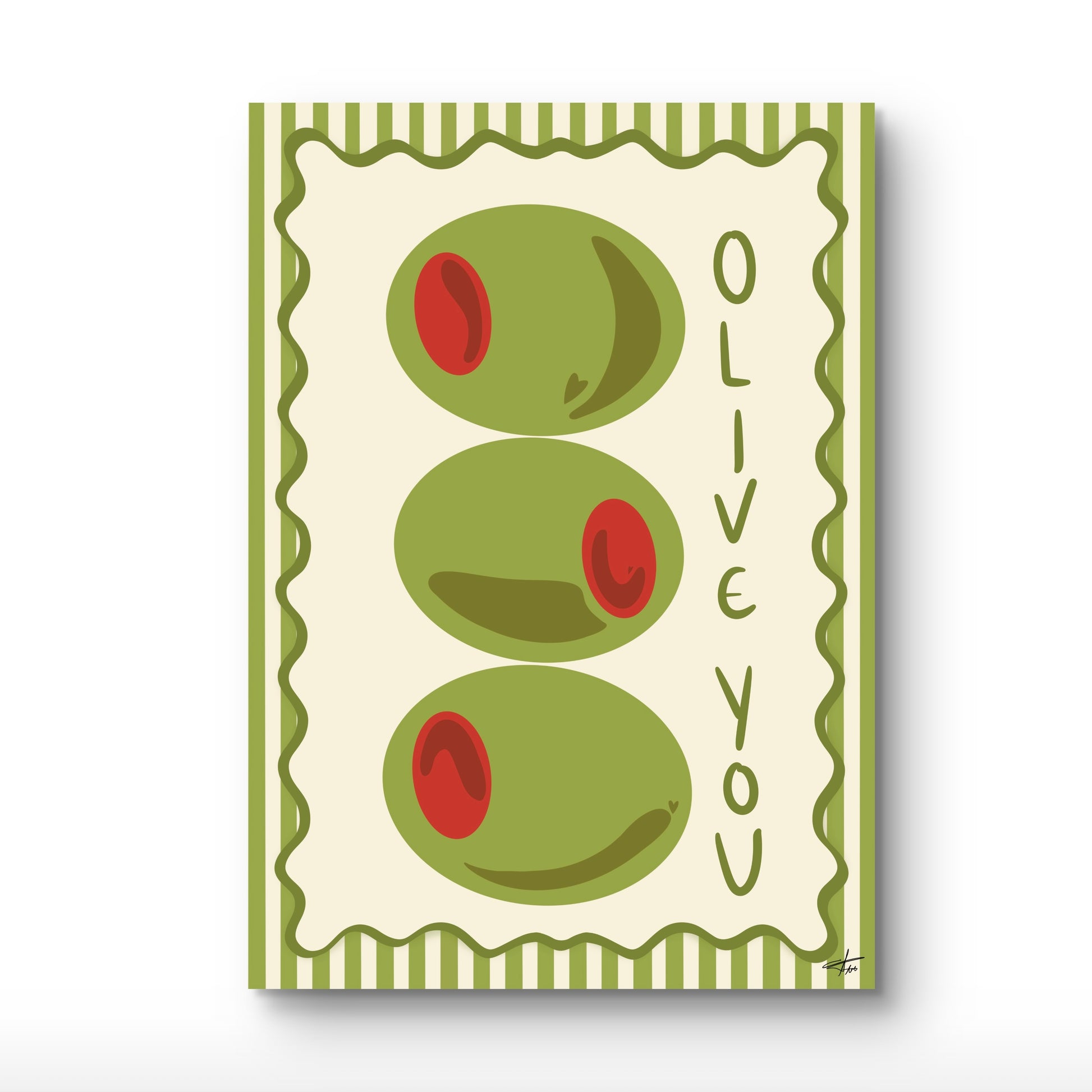 Olive Art Print, Funny Kitchen Wall Art, Martini Lover Gift, Punny Art Poster, Olive You Print, Retro Kitchen Decor, Bar Cart Art, Mediterranean Wall Art, Green and Cream Decor, Striped Wall Art.