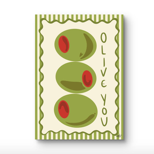 Olive Art Print, Funny Kitchen Wall Art, Martini Lover Gift, Punny Art Poster, Olive You Print, Retro Kitchen Decor, Bar Cart Art, Mediterranean Wall Art, Green and Cream Decor, Striped Wall Art.