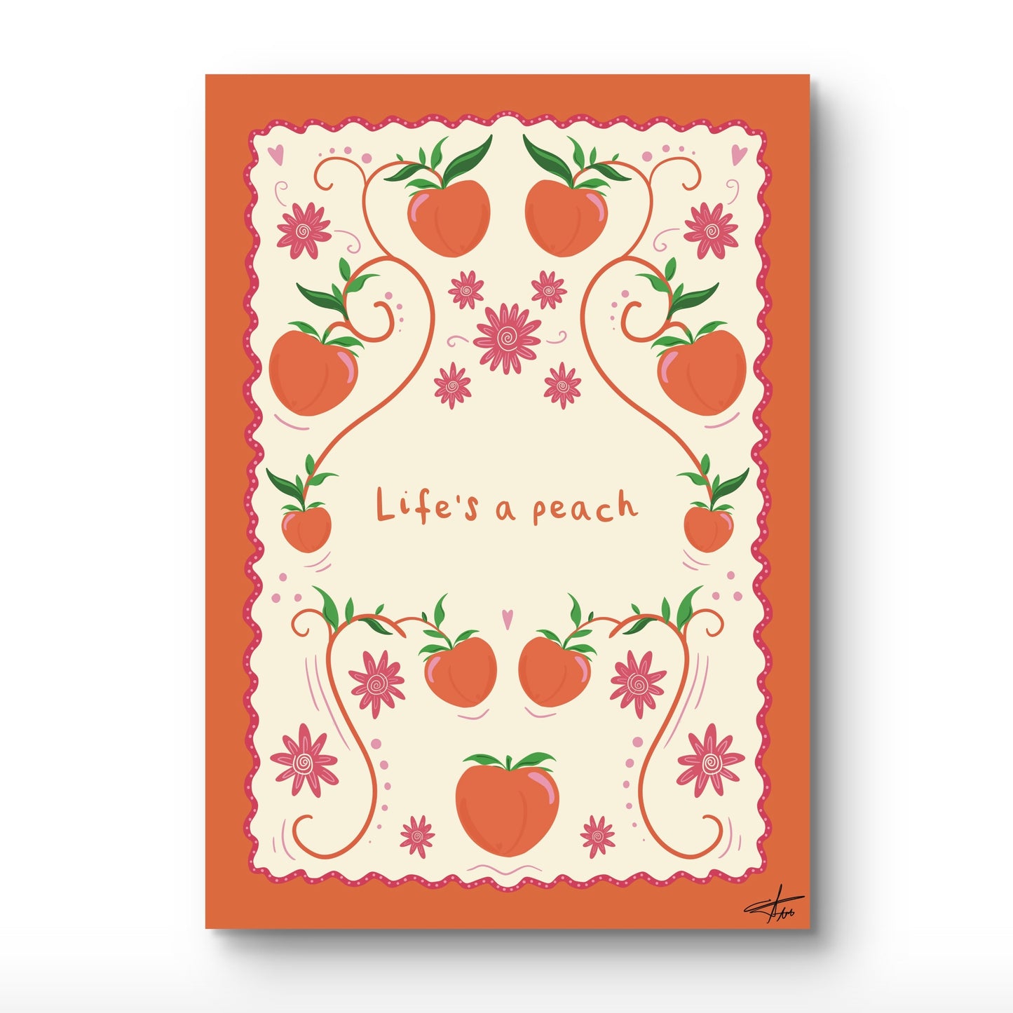 Decorative card with peach illustrations and 'Life's a peach' text on an orange border.