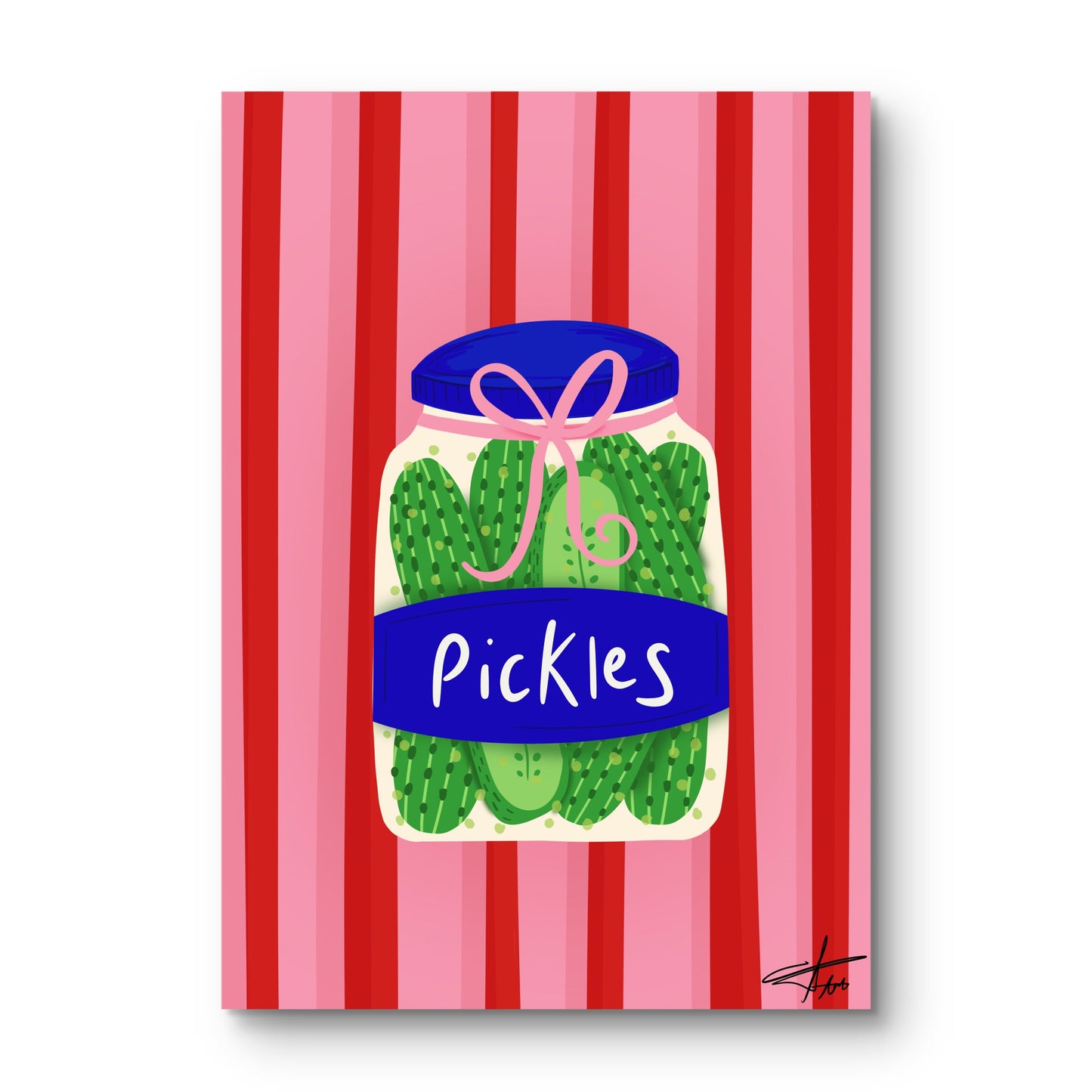 Pickle Art Print, Pink and Red Decor, Coquette Aesthetic, Funny Kitchen Wall Art, Retro Stripe Poster, Dopamine Decor, Gift for Her, Quirky Illustration, Pickle Girl Aesthetic, Colorful Gallery Wall.